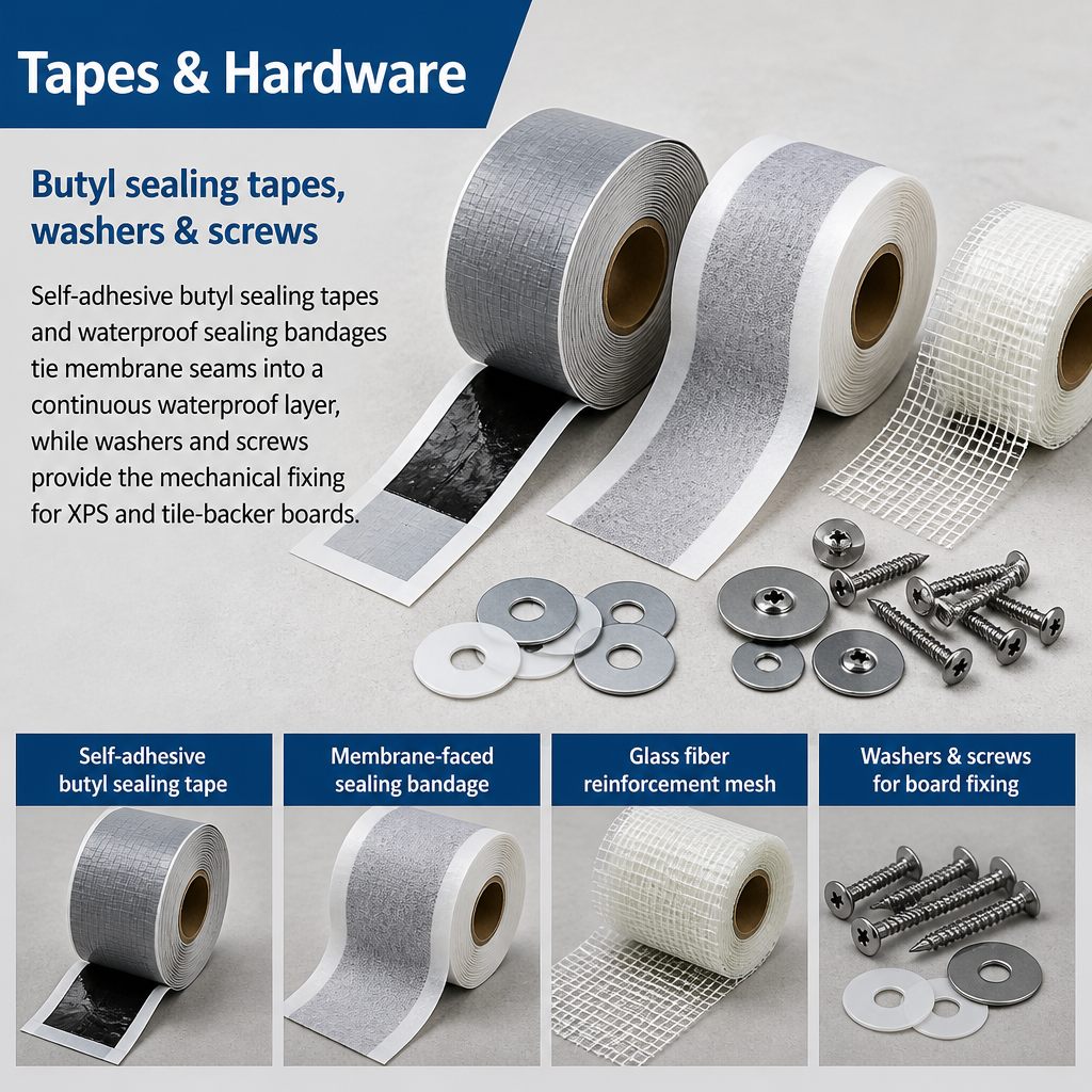 Butyl sealing tapes, washers and mechanical fixings