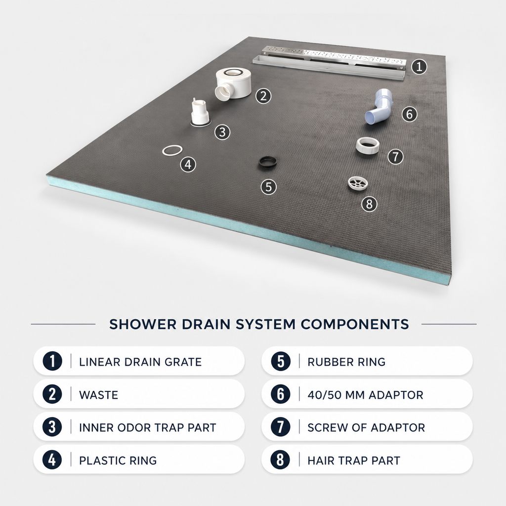 Linear drain shower tray with grate, waste and adaptors