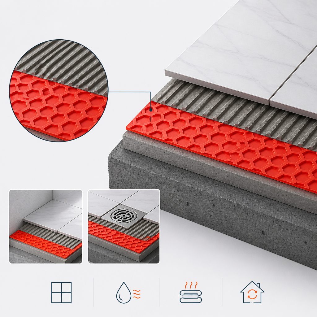 Close-up and installation guide for uncoupling membrane