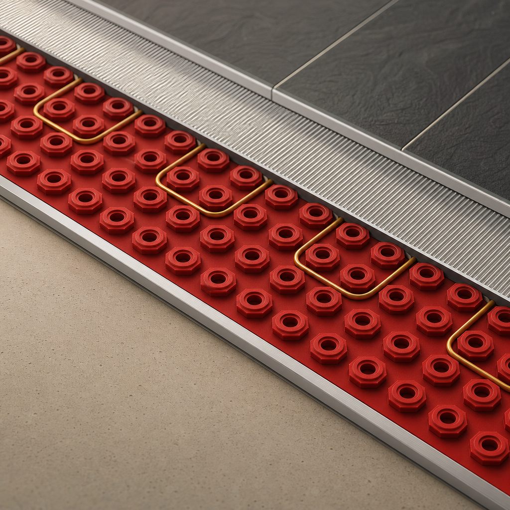 Underfloor heating mat with red dimpled structure and heating cable